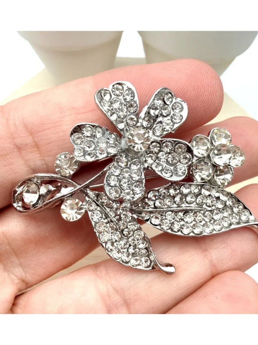 Rhinestone Floral Brooch Pin Clear Silver Tone Crystals 2” Elegant Women Jewelry